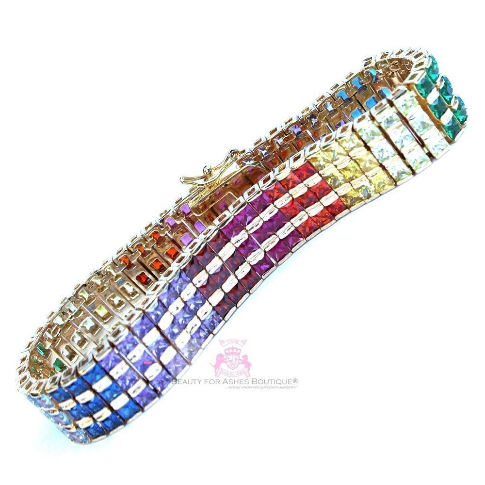Multicolor Rainbow Yellow Gold Plated Gods Promise Triple Row Gala Bracelet 75 475$